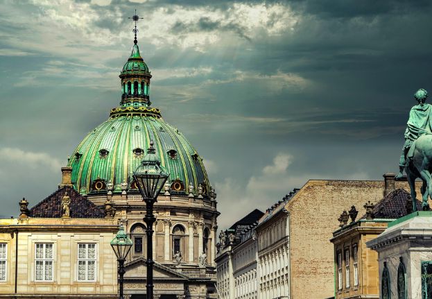 Exterior view of the Marble Church in Copenhagen with its green copper dome rising above the surrounding buildings