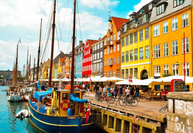 Colorful houses and boats on a summer day in Nyhavn, Copenhagen