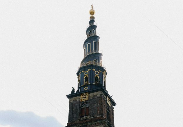 Tower of Our Saviour’s Church in Copenhagen with the external staircase and golden globe at the top