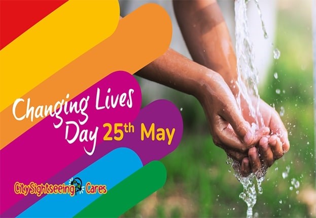 Changing Lives Day on May 25th. Colorful graphic with hands under running water.
